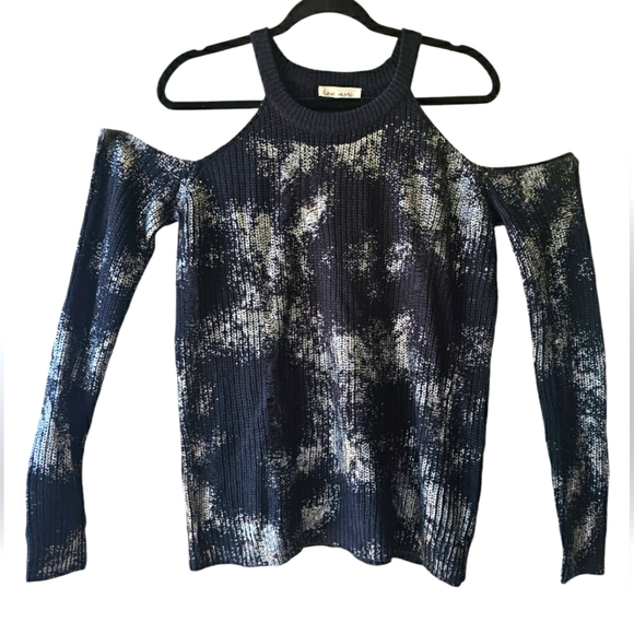 Love More Sweaters - Love More Black & Metallic Silver Distressed Grunge Cold Shoulder Sweater Size L
